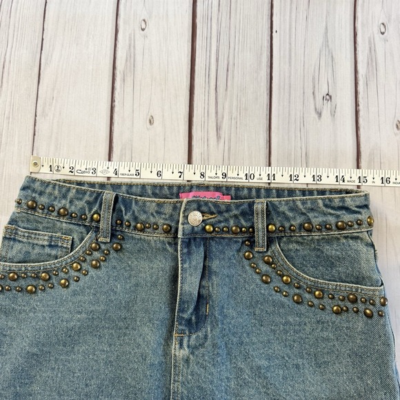Edikted Studded Denim Mini Skirt Y2K Low Rise Blue Jean Festival Size S - Picture 5 of 8